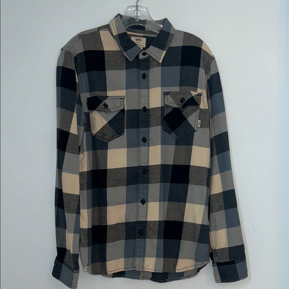 Vans Men's Black and Tan Checkered Shirt Size M